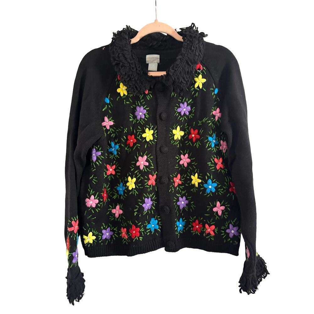 BEREK Vintage Floral Heavily Embroidered Button Knit Cardigan Sweater - Sz Large
